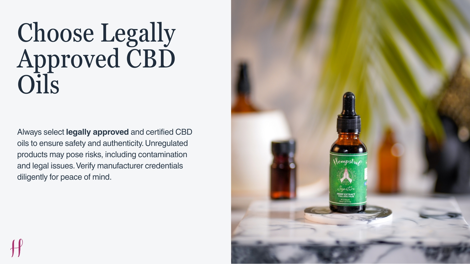 Legally approved CBD oil bottle displayed on a marble surface highlighting safety, certification, and product authenticity